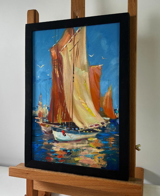 Original Oil Painting Summer Sea Landscape Sail full of wind