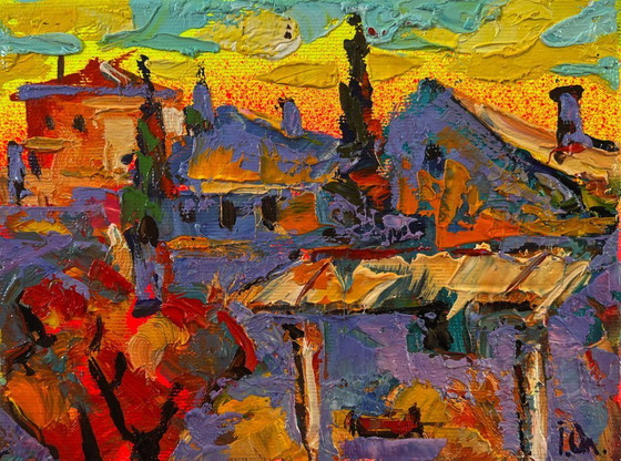 Image 1 of Original Oil Painting Sunset Sky Landscape Evening Over The City