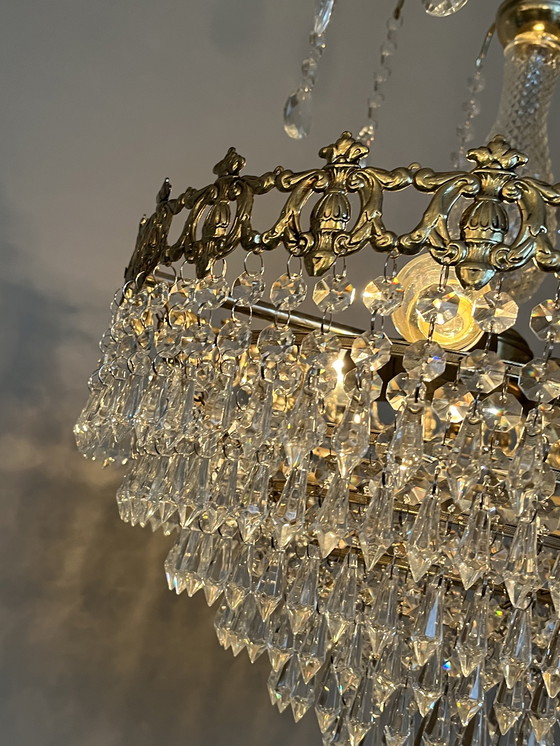 Image 1 of Vintage Crystal Chandelier Pendant Lamp Bronze Gold Frame