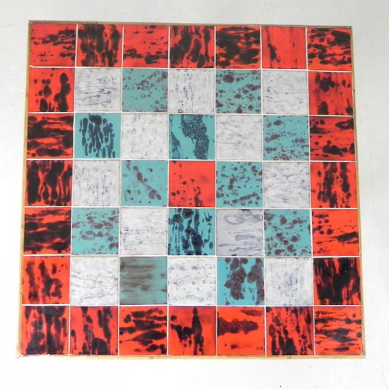 Image 1 of Tavolo da pranzo vintage in bambù con piastrelle rosse, bianche e blu, anni '50