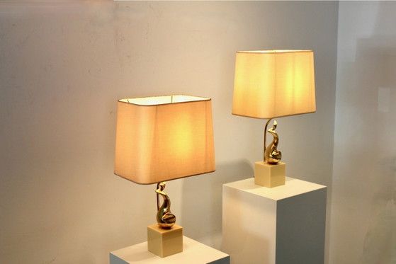 Pair of Exclusive Philippe-Jean Brass Art Sculpture Table Lamps, signed, Marble, Mid Century Modern (photo 2 of 14)
