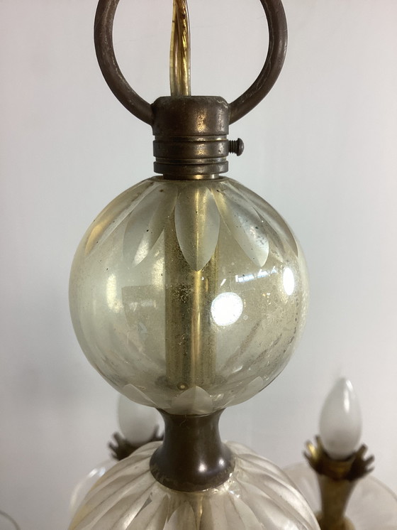 Image 1 of Grande lampadario vintage Chandolier degli anni Cinquanta in vetro e rame 