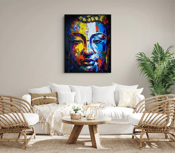 Image 1 of Uniek handgeschilderd Boeddha schilderij “Golden Balance” – Seksak Jaichumchen – 80×100 cm