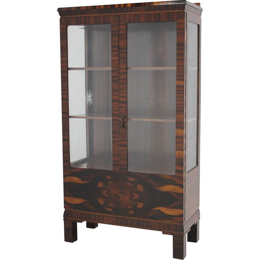 Vintage Art Deco vitrinekast van rozenhout en glas, Tsjecho-Slowakije jaren 1930