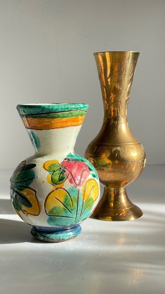 Image 1 of Vintage Handcrafted Ceramic and Brass Vases