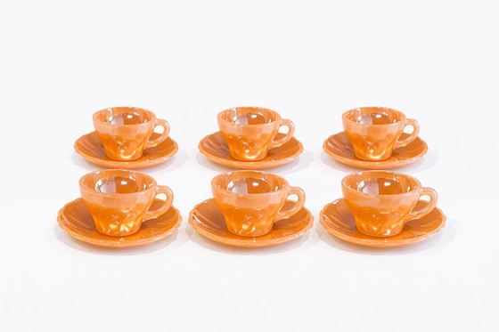 Image 1 of Service à café vintage Anchor Hocking Fire-King à reflets pêche – Style moderne du milieu du siècle – vers 1940-1950