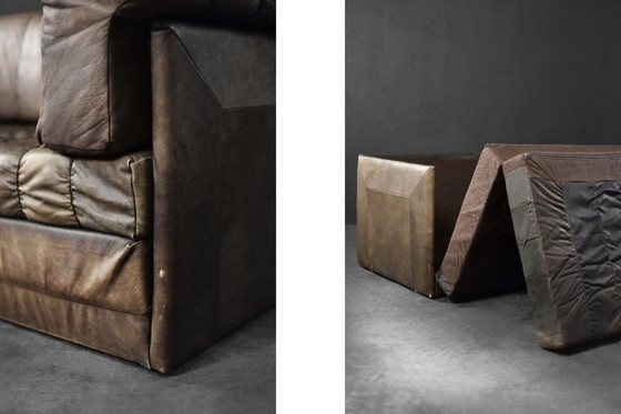 Image 1 of Vintage Mid-Century Modern German Brutalist 2-Seater Brown Leather Bed Sofa, 1970s