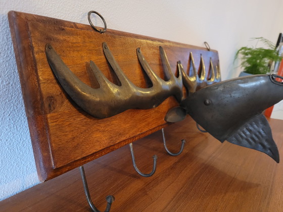 Image 1 of Vintage Wooden Coat Rack with Metal Moose – 6 Hooks