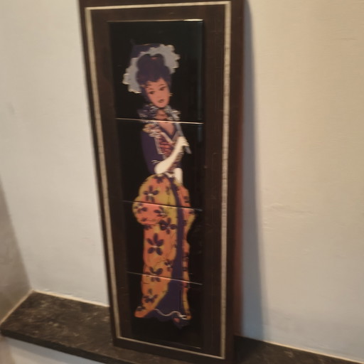 Vintage Keramisch Tegelpaneel – Dame – Jaren 60/70 – 50 × 19 Cm – wanddecoratie, Ceramic, Wood (photo 2 of 8)