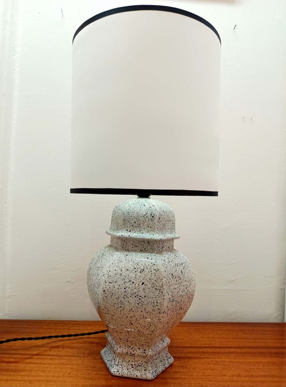 Vintage black and white ceramic lamp with satin lampshade, Table lamps, Textile (photo 10 of 11)