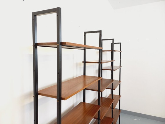 Image 1 of Vintage Italian triple modular bookcase in teak and metal from the 1960s