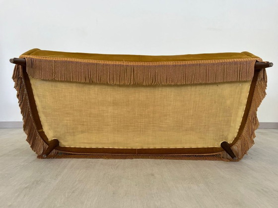 Image 1 of Two-seater sofa with fringes in ochre velvet (1960s)