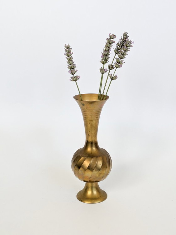 Vintage Solid Brass Trumpet-Shaped Pedestal Vase With Ribbed And Swirl Details (photo 5 of 15)
