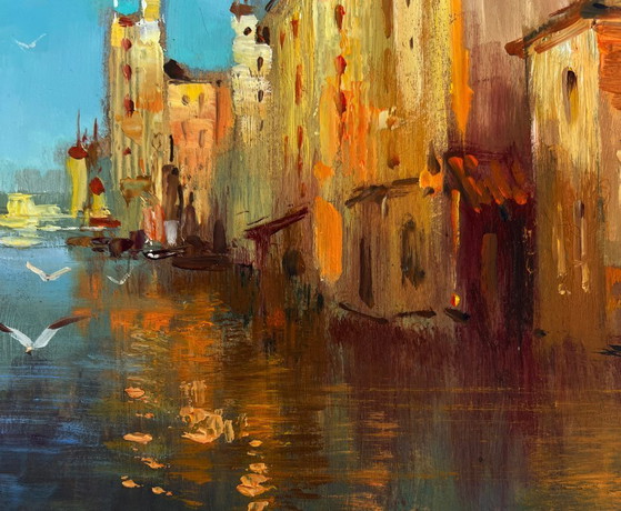 Image 1 of Original Oil Painting Evening River Landscape City on the water