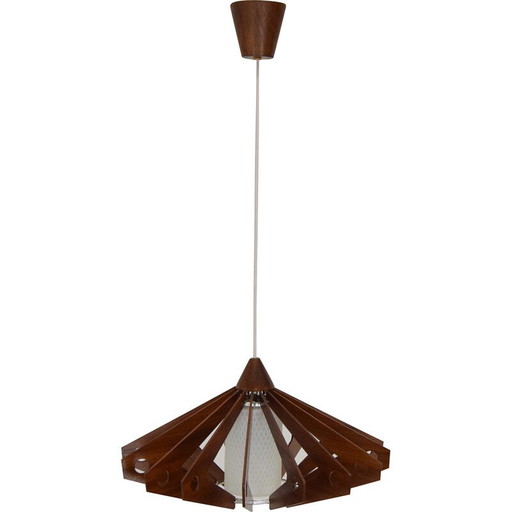 Vintage hanglamp van hout en glas door Drevo Humpolec, Tsjecho-Slowakije 1970