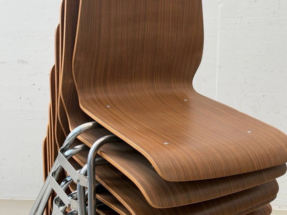 4 Sedie Impilabili – Impiallacciatura in Legno & Cromo, Stile Mid-Century – Poltrone, Vintage (photo 7 of 14)