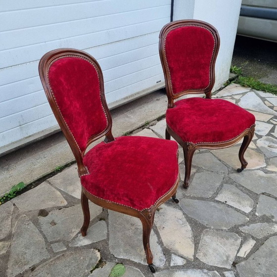 Image 1 of Louis XV chairs, mahogany & red velvet