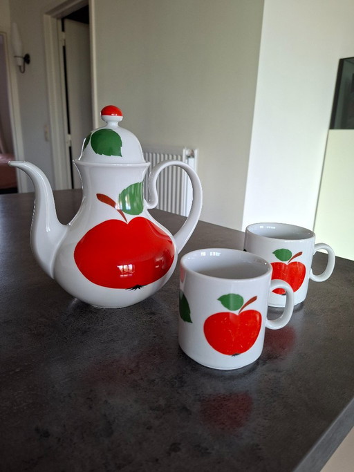 Service thé/café et tasses Seltmann Weiden Bavaria Patricia 1960, blanc avec pomme rouge