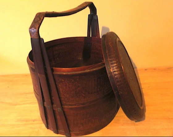 Image 1 of Antieke mand van hout en rotan met 3 vakken, 1900