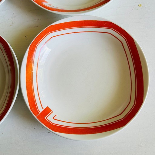 Set of 4 vintage deep plates, Rivanel France, orange decor, 1970s