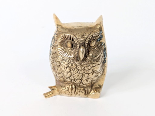 Vintage Midcentury Solid Brass Owl Figurine on Branch, Detailed Brass Decor