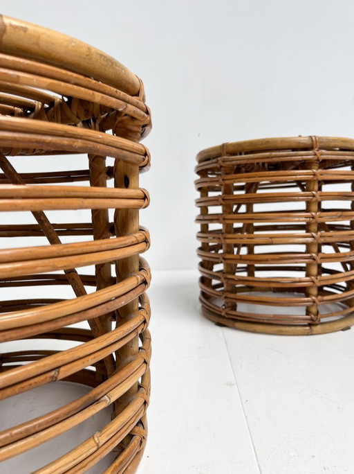 Set of 2 rattan designer stools by Tito Agnoli, 1960's