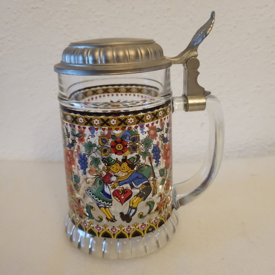 Boccale di birra in vetro decorato con motivi folcloristici, Space age, Bicchieri e caraffe, Metallo (foto 3 di 11)