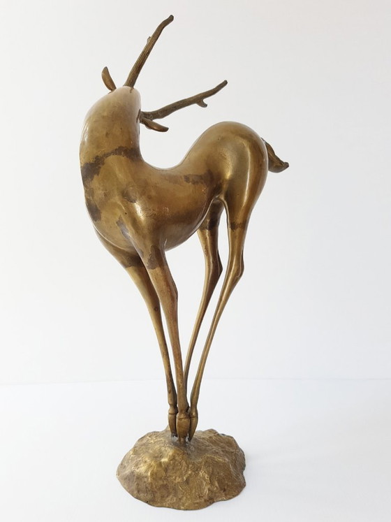 Image 1 of Important dancing stag, antelope, doe, and fawn in gilded brass, 1970s vintage 70s