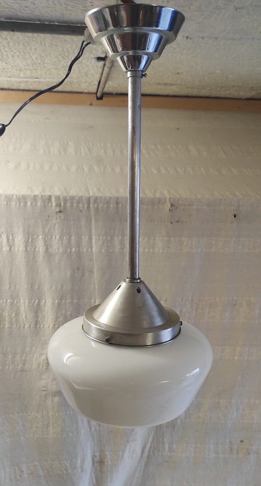 Bauhaus pendant light in metal and opaline glass globe - mid-20th century