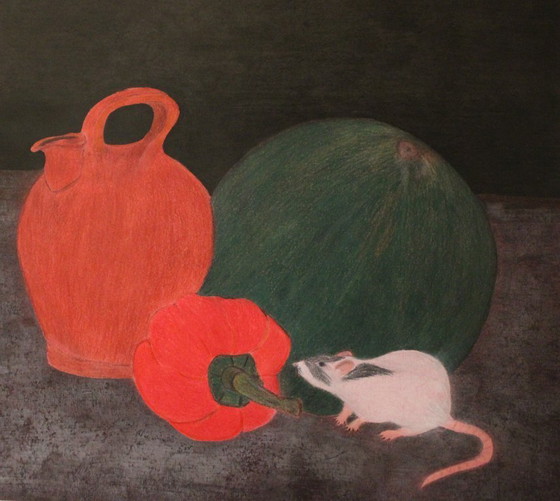 Image 1 of Artist's painting: interesting still life with a rat as the main subject among melon, pepper and water jug, unique piece