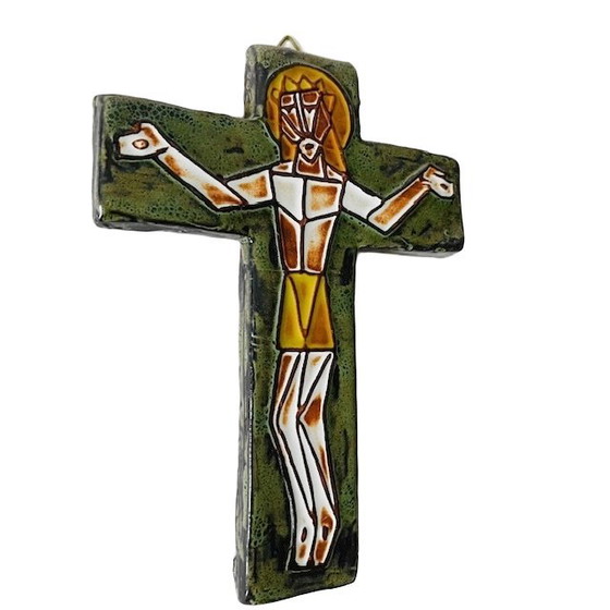 Image 1 of Mid-century Keramisch kruisbeeld Jezus aan het kruis keramiek wandkruis 1960's
