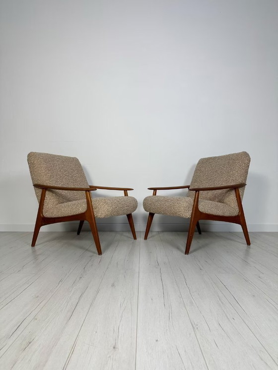 Image 1 of Vintage Minimalistic Teak Armchair with Bouclé 60s 70s