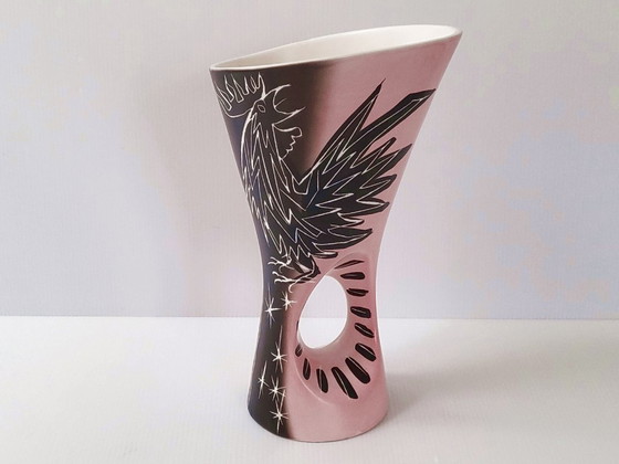 Image 1 of Vintage 1950s Vallauris ceramic vase by François Re, 50s Rockabilly Rooster