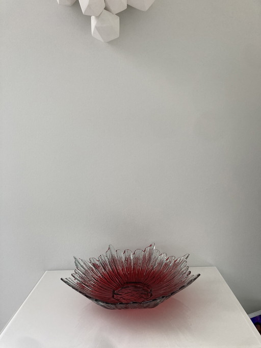 Mid - Century classic: glass leaf shaped bowl with red center
