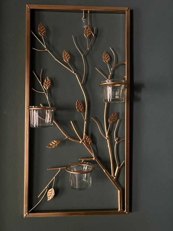 Gold Painted Metal Lantern Grid with Leafy Vines, Rectangular Balcony Decor – Candle holders, Glass (photo 7 of 9)