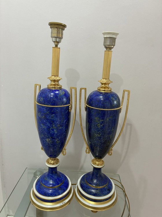 Pair of Giulia Mangani Cobalt Blue Porcelain Table Lamps, 1990s, Brass (photo 2 of 8)