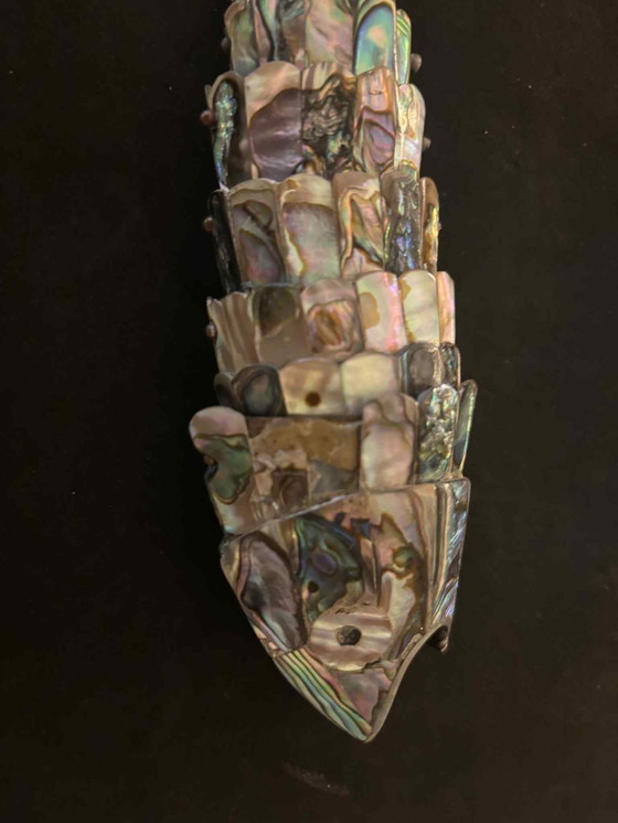 Image 1 of Flesopener met beweegbare vis, Mexicaans vintage, parelmoer, abalone, verzamelbaar barartikel, MCM