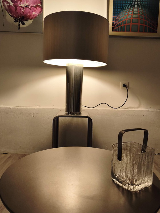 Importante lampada di design cilindrica cromata Italia anni '70, Lampade da tavolo, Metallo, Argentato (foto 11 di 12)