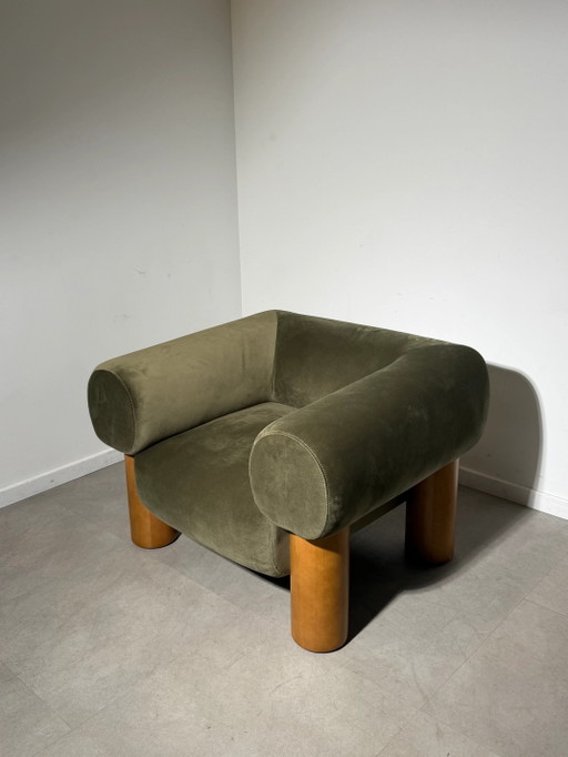 Sculptural Olive Green Lounge Chair with Wooden Legs