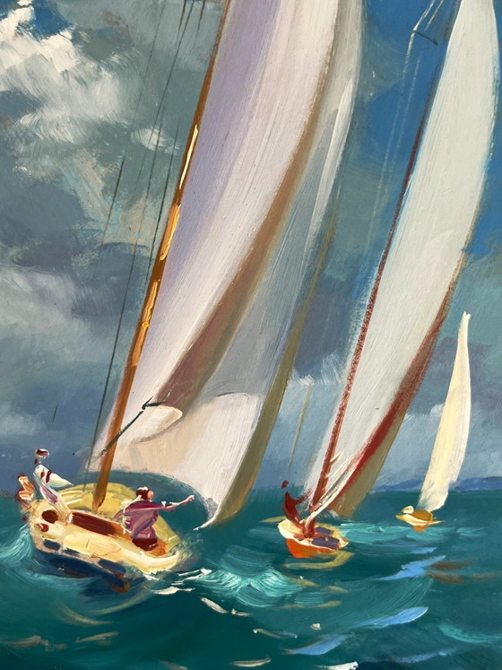 Image 1 of Dipinto ad olio originale raffigurante un paesaggio marino con onde, yacht e barche a vela in mare.