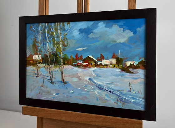 Image 1 of Original Oil Painting Snow Village Landscape Winter path leading home