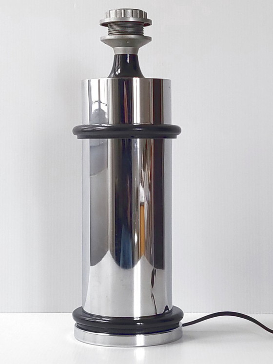 Image 1 of Vintage 1970s Table Lamp in Chrome Steel & Black Lacquered Wood