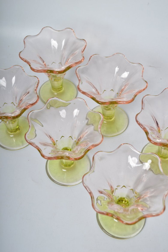 Image 1 of Vintage La Rochère France Set of 6 Pink & Green Tulip Champagne Coupes or Dessert Glasses / 1970's-1990's
