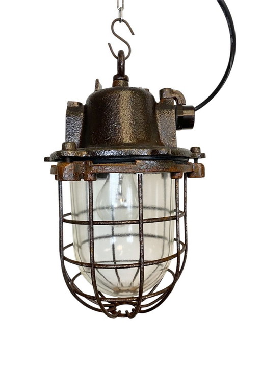 Lampada a sospensione vintage industriale in ghisa a gabbia, anni '60