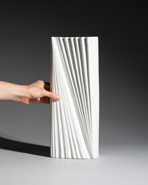 Brutalist XXL 42 CM Floor Vase Martin Freyer Rosenthal Studio-Line Bisque Porcelain Plissé Relief