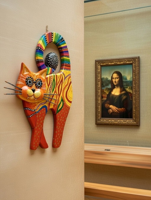 Grande scultura in legno a forma di gatto in stile boho. Realizzata a mano dall'artista.