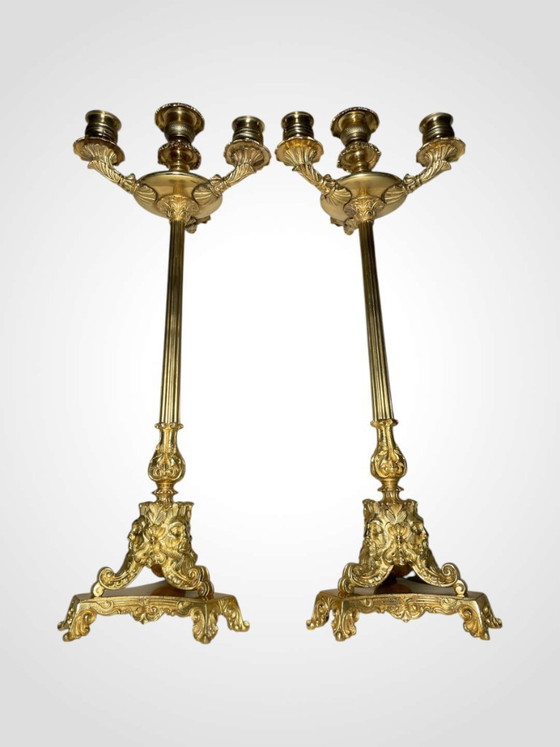 Paar Empire-Kandelaber aus vergoldeter Bronze – Antikes französisches Set aus vierflammigen Kerzenleuchtern (photo 8 of 10)