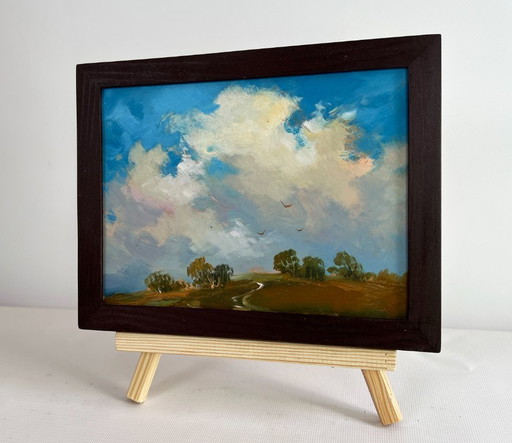 Original Oil Painting Summer Field Landscape Birds flying home