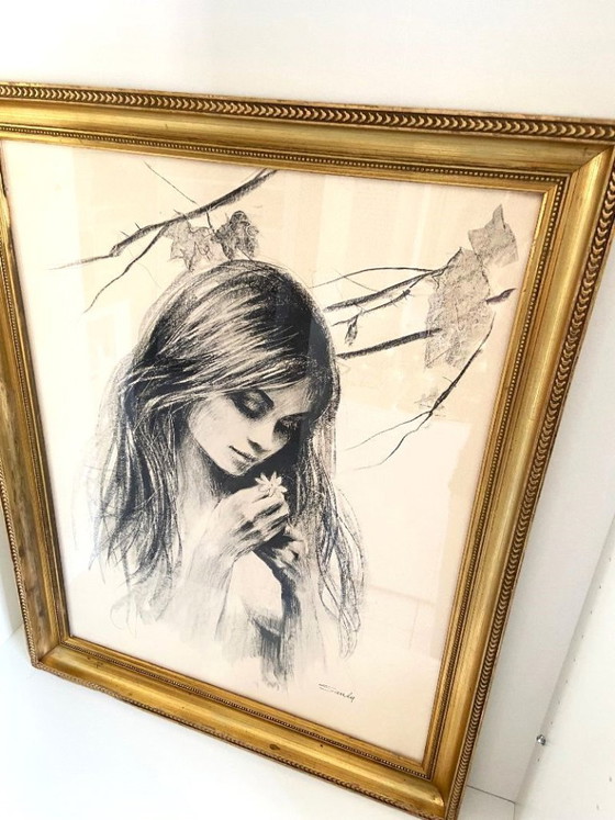 Image 1 of Monochrome Lithograph Drawing Nude Woman with Flower by Sandu Liberman 1971 Art