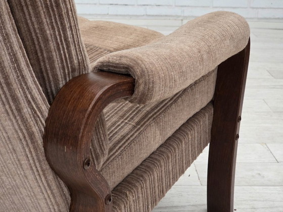 Image 1 of Anni '70, coppia di poltrone danesi, mobili in velluto a coste marrone chiaro, legno di faggio scuro.